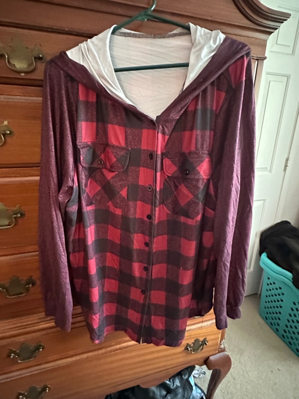 Red and Black Plaid Hooded Button-Up Shirt